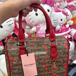 Juicy Couture Brown Monogram Cherry Print Satchel with Red Trim
